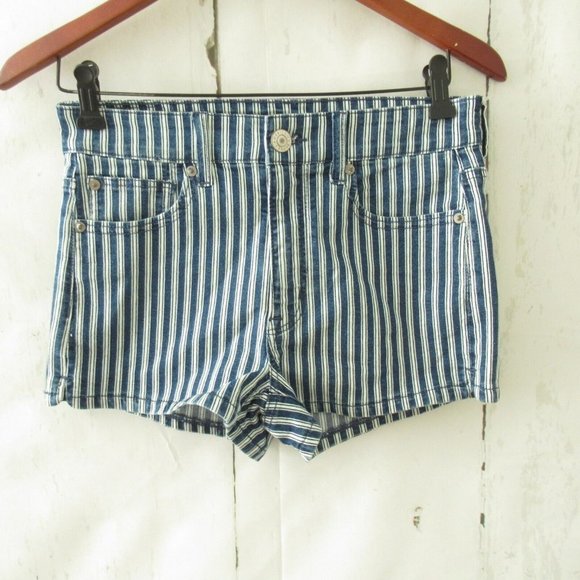 New American Eagle Jeans High Rise Shortie Shorts 6 Blue Stripe Denim - Picture 1 of 4